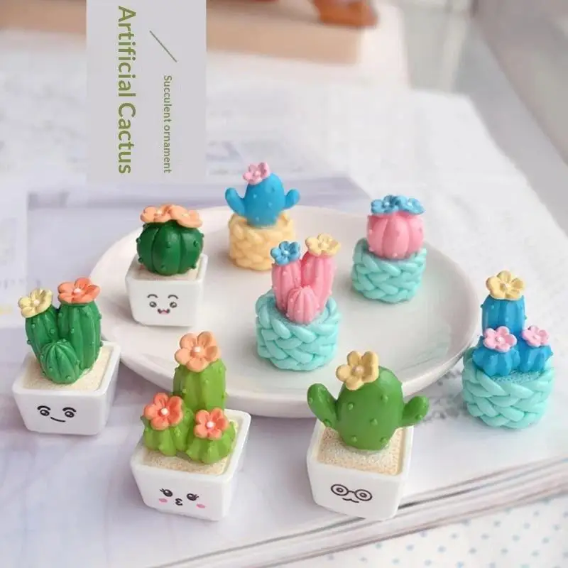 4Pcs Mini Resin Cactus Figurines Cute Cartoon Artificial Plant Ornament Home Office Tabletop Micro Landscape Decor No Break