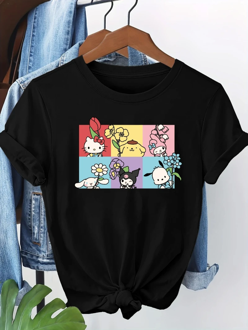 

Sanrio Women's Cute Sanrio Character and Flower Printed T-shirt Lightweight and Breathable Round Neck T-shirt, Soft Casual Shirt