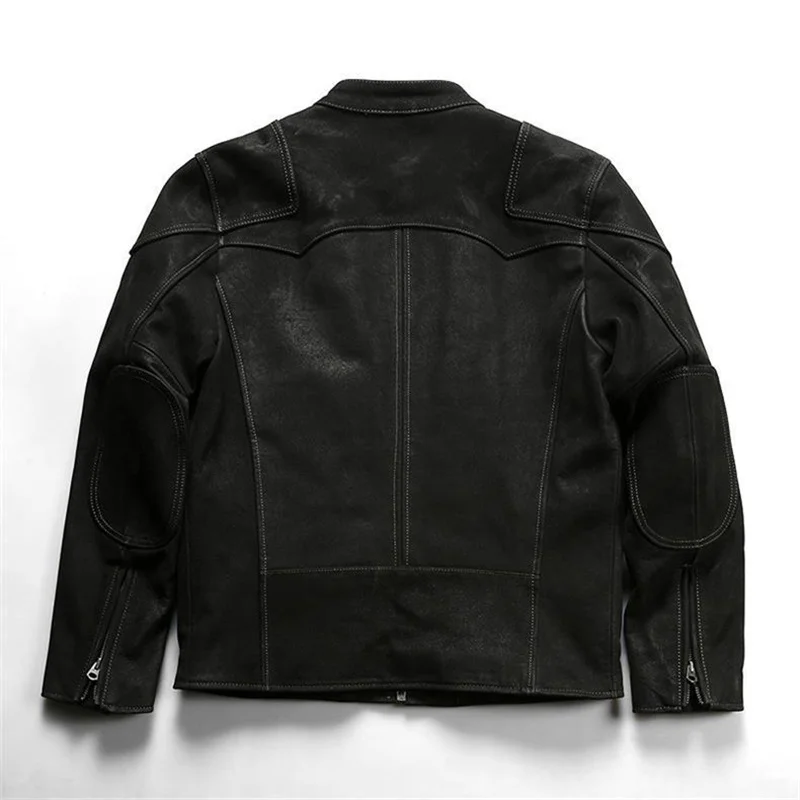 Black Autumn Leather Jacket Men Sports Style Plus Size 4XL Genuine Natural Cow Suede Stand Collar Slim Fit Leather Coat