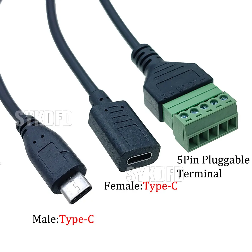 1PCS USB 3.1Type-C USB Male/Female to 5 Pin Screw with Shield Solderless Terminal Plug Adapter Connector Cable Lead 30cm