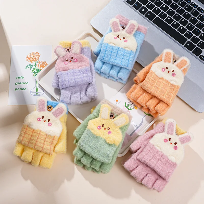 Bunny Flip Mittens for Kids 5-14 Years Cute Cartoon Convertible Fingerless Gloves Ear Paws Unisex Thermal Half Finger Gloves