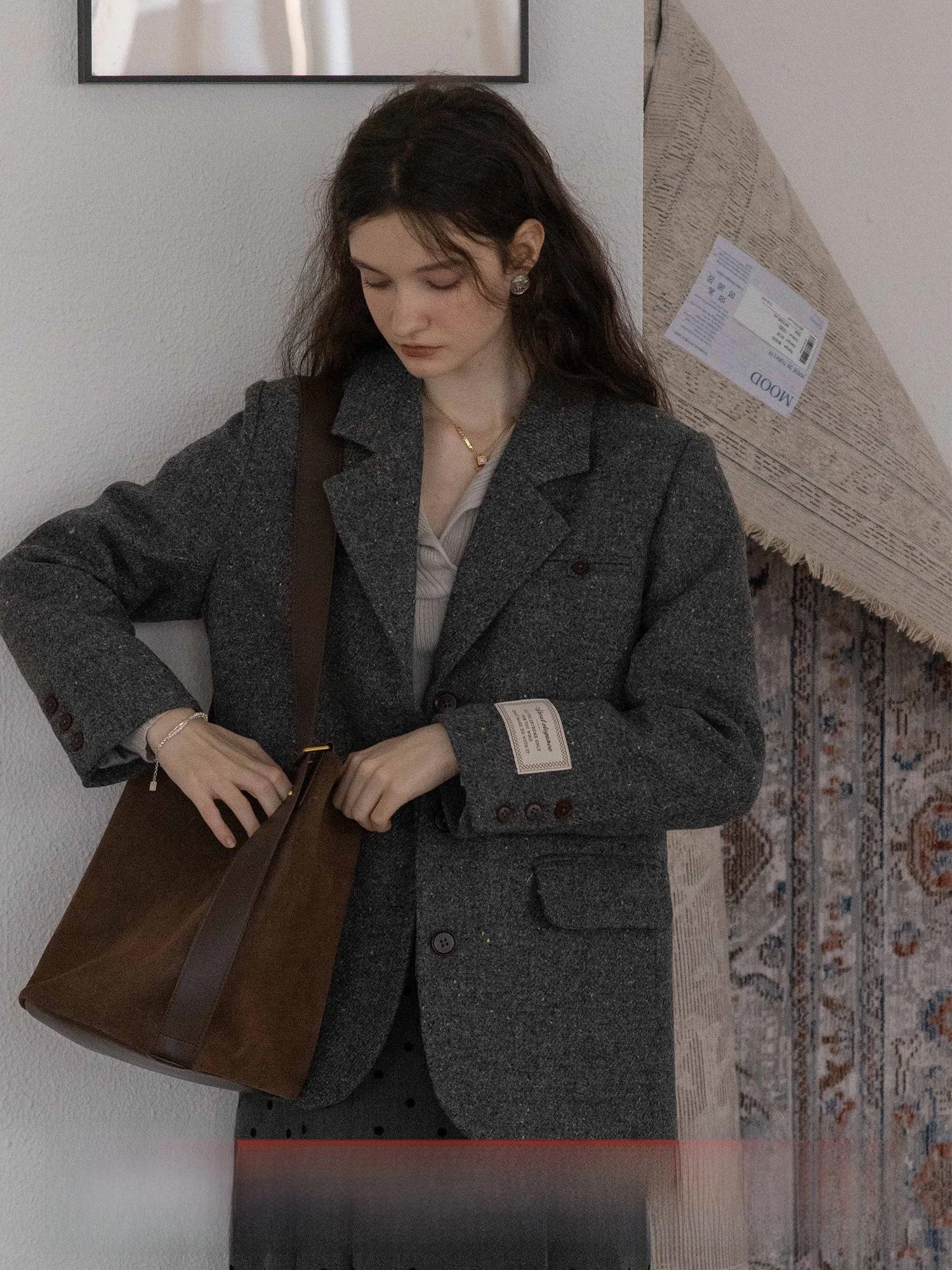 

Dailyart 2024AW Pros Wool Blend Single Breasted Suit Jaet Dot Mixed Pattern Slant Stripe Cotton Lined Coat