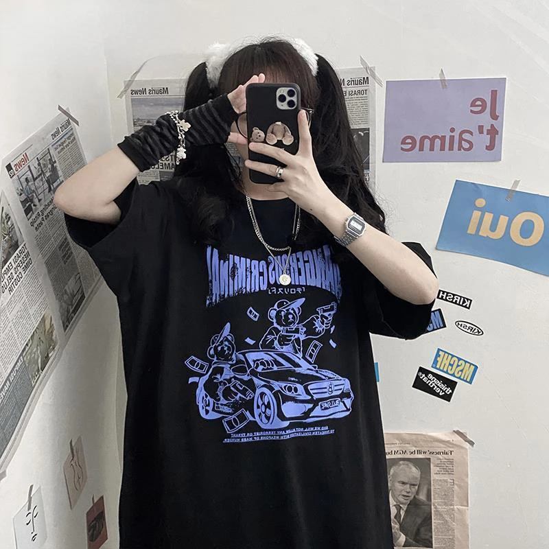 Women's T-shirts Korean Style Black Oversize Hip Hop Tops Harajuku Vintage Aesthetic Gothic Graphic Punk Clothes Oversized Tops