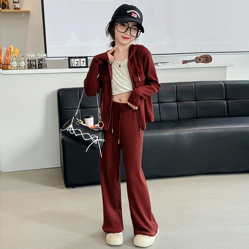 

autumn teenage Girls Sports Set 2024 Mid University Child Casual Clothing zip jacket+Wide leg pants 2pcs junior kid tracksuits