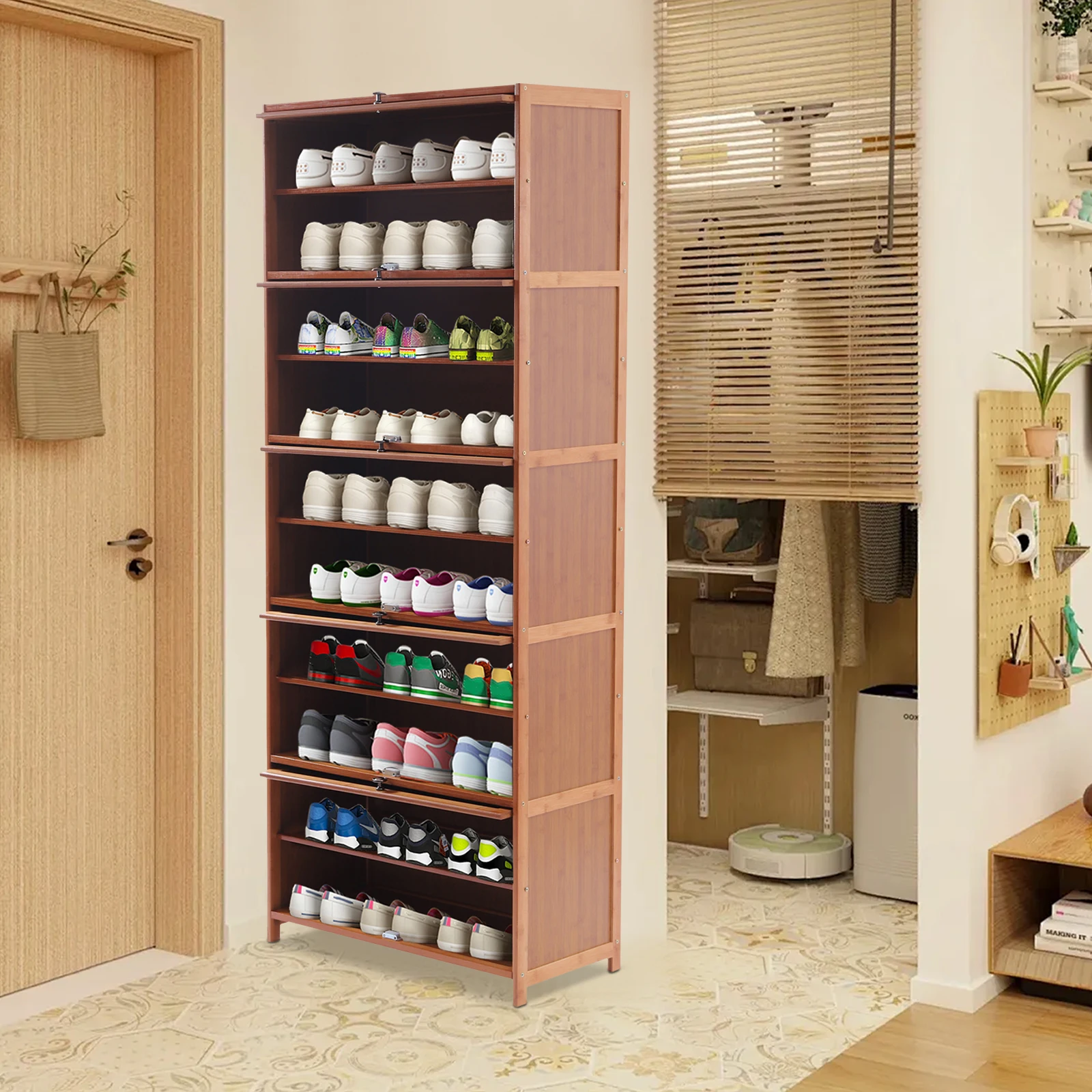 

11 Tier Bamboo Shoe Storage Cabinet with Doors, Freestanding Shoes Heels Sneakers Shelf Rack for Entryway Office Living Room