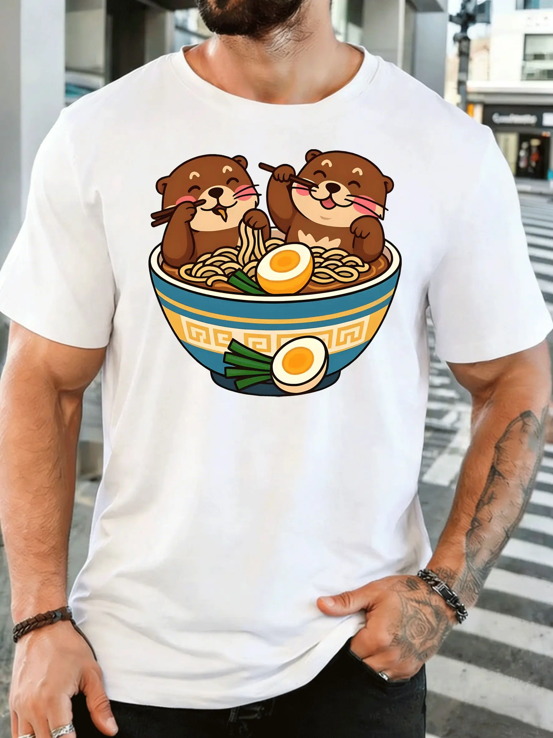 Cute Otters Eating Ramen Noodles Mens Front Print T Shirt Kawaii Animal Food Graphic Tee Casual Short Sleeve Noodle Lover Gift