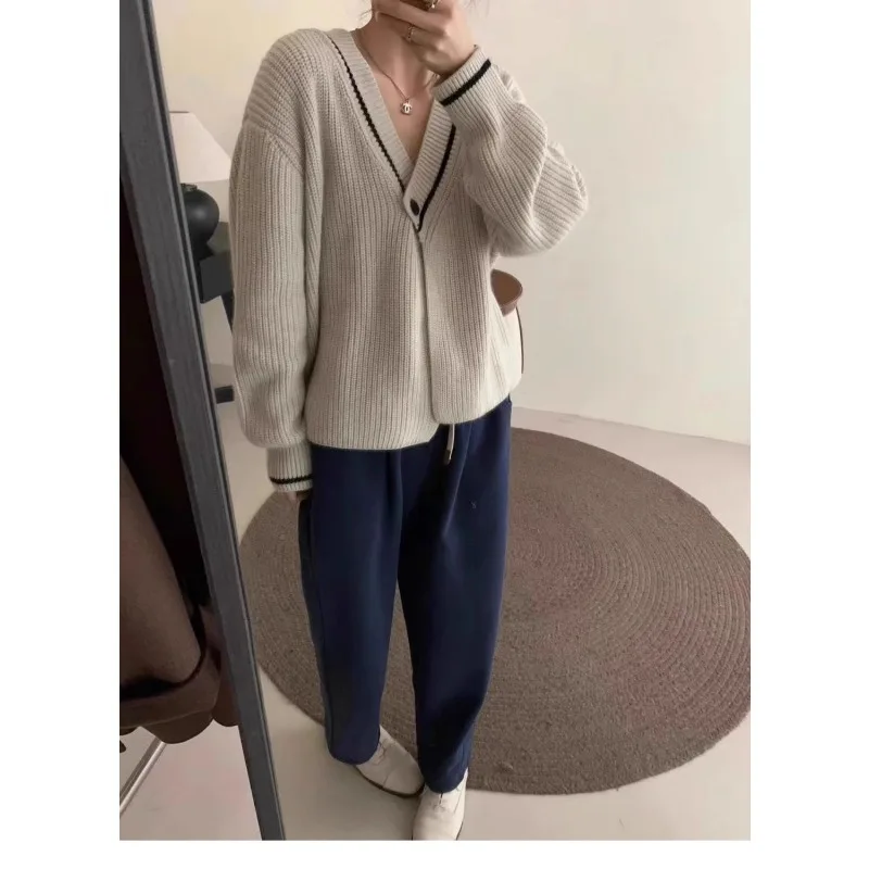 Cárdigan de punto de Color contrastante con cuello en V Retro francés para mujer, Top corto holgado de otoño e invierno