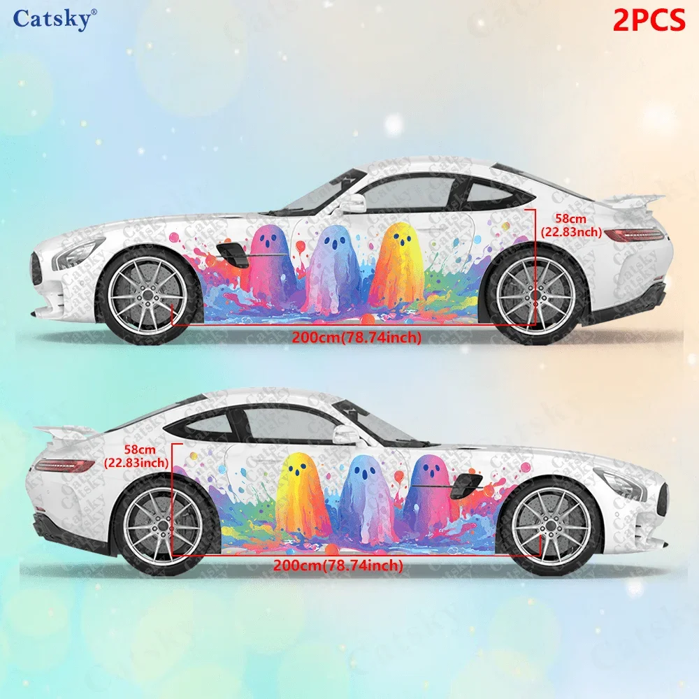 2pcs Three Colorful Ghost Splash Car Side Wraps, Self-Adhesive PVC Waterproof & Scratch-Resistant Stickers, Car Accessory Gift