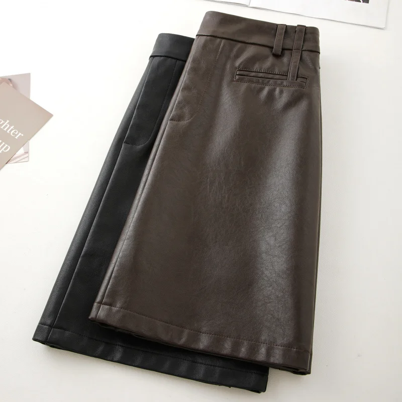 تنورة جلدية بنية للنساء، وتنورة شتوية أنيقة ورائعة متوسطة الطول لشخصيات صغيرة