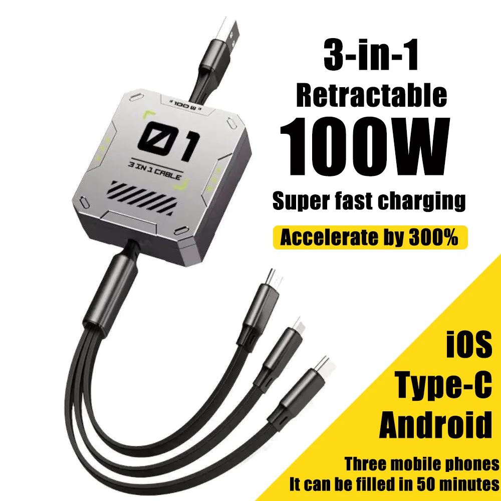 Retractable USB Cable 100W Fast Charging 3 In 1 USB to Type C/LIGHTNING/Micro USB Android Data Cable For iPhone Huawei Xiaomi