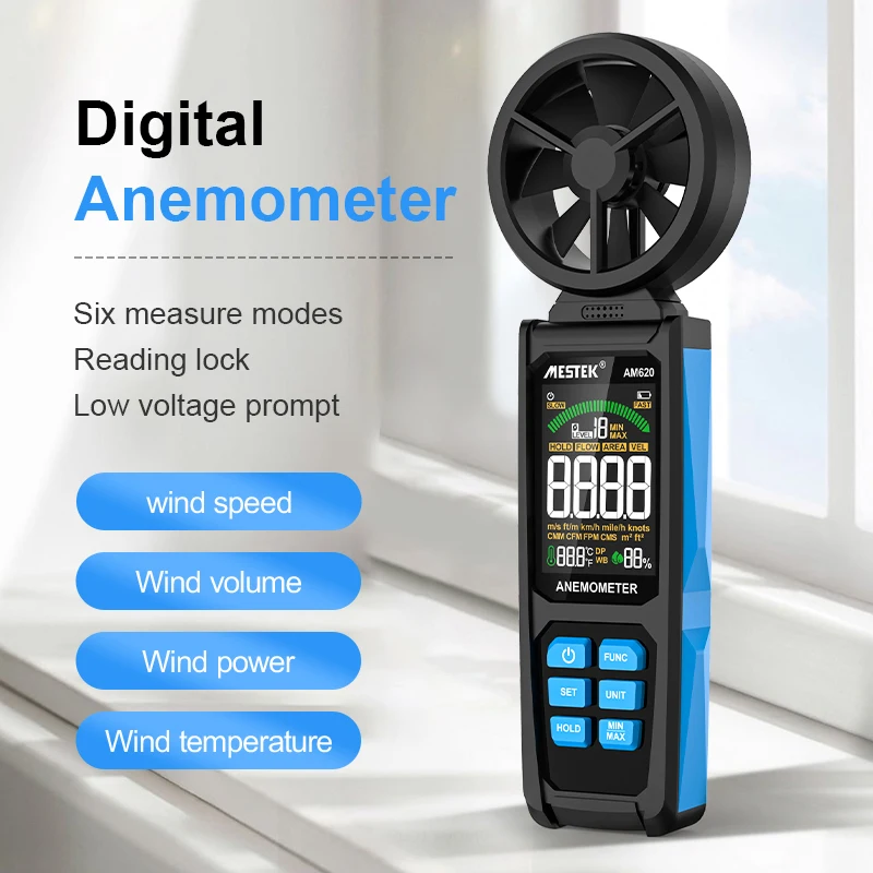 Mestek AM620 Digital Anemometer Pocket Smart Anemometer Air Wind Speed Scale Accurately Measure Wind Speed & Temperature Measure