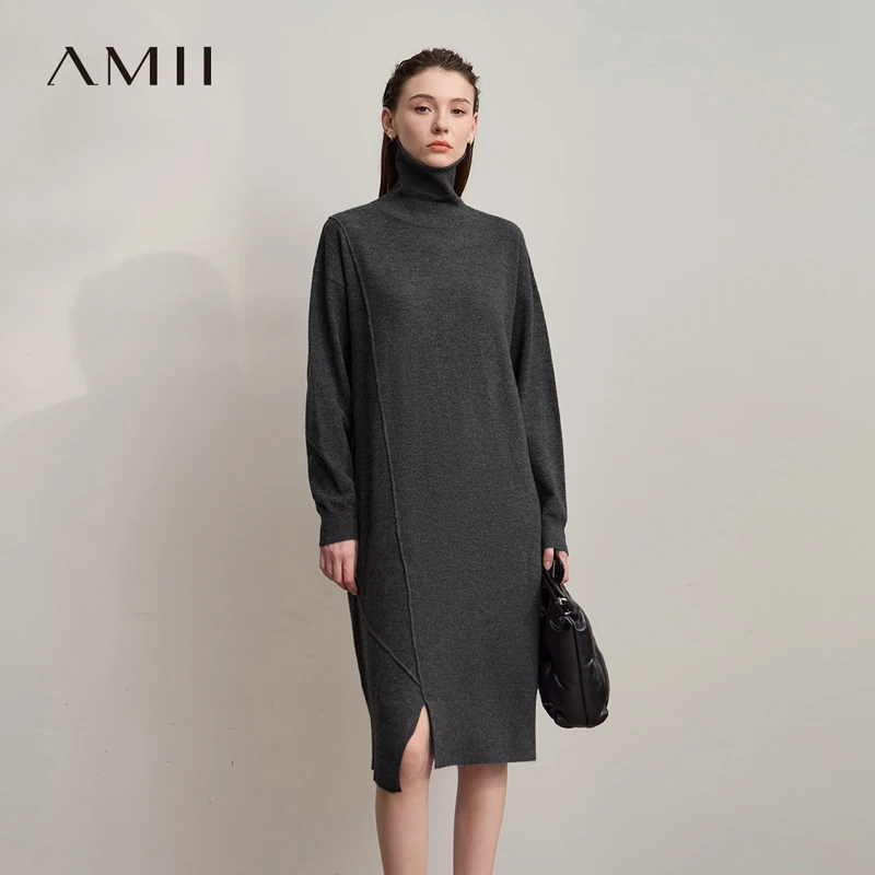 

AMII Womens Dresses 2025 Winter New Turtleneck Long Sleeves Asymmetrical Dresses For Woman Knit Loose Ladies Clothing 12553015