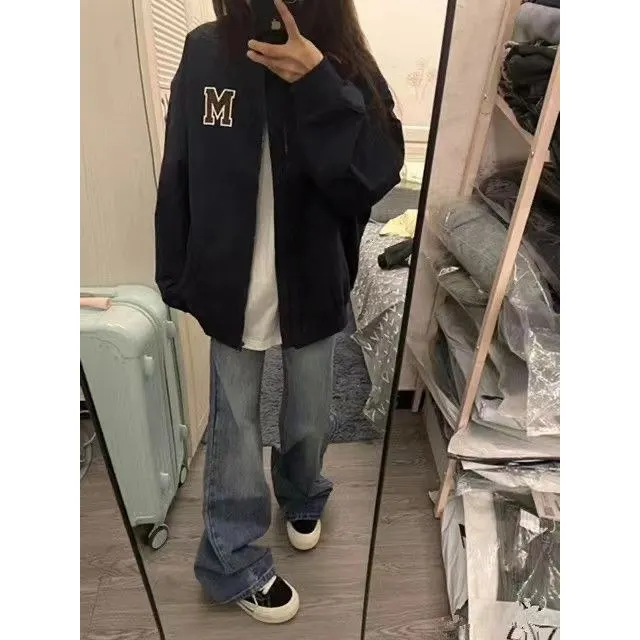 

Retro American Pilot Jaet Outerwear Loose Baseball Sle Spring ex Youth Faion Windproof Long Sve Zipper Closure