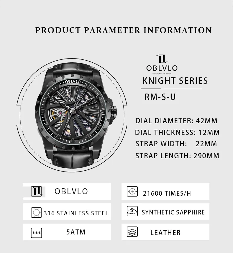 OBLVLO мужские автоматические часы 42 мм роскошные часы механические наручные часы скелетон 50 м водостойкий сапфировый светящийся кожаный ремешок NH70