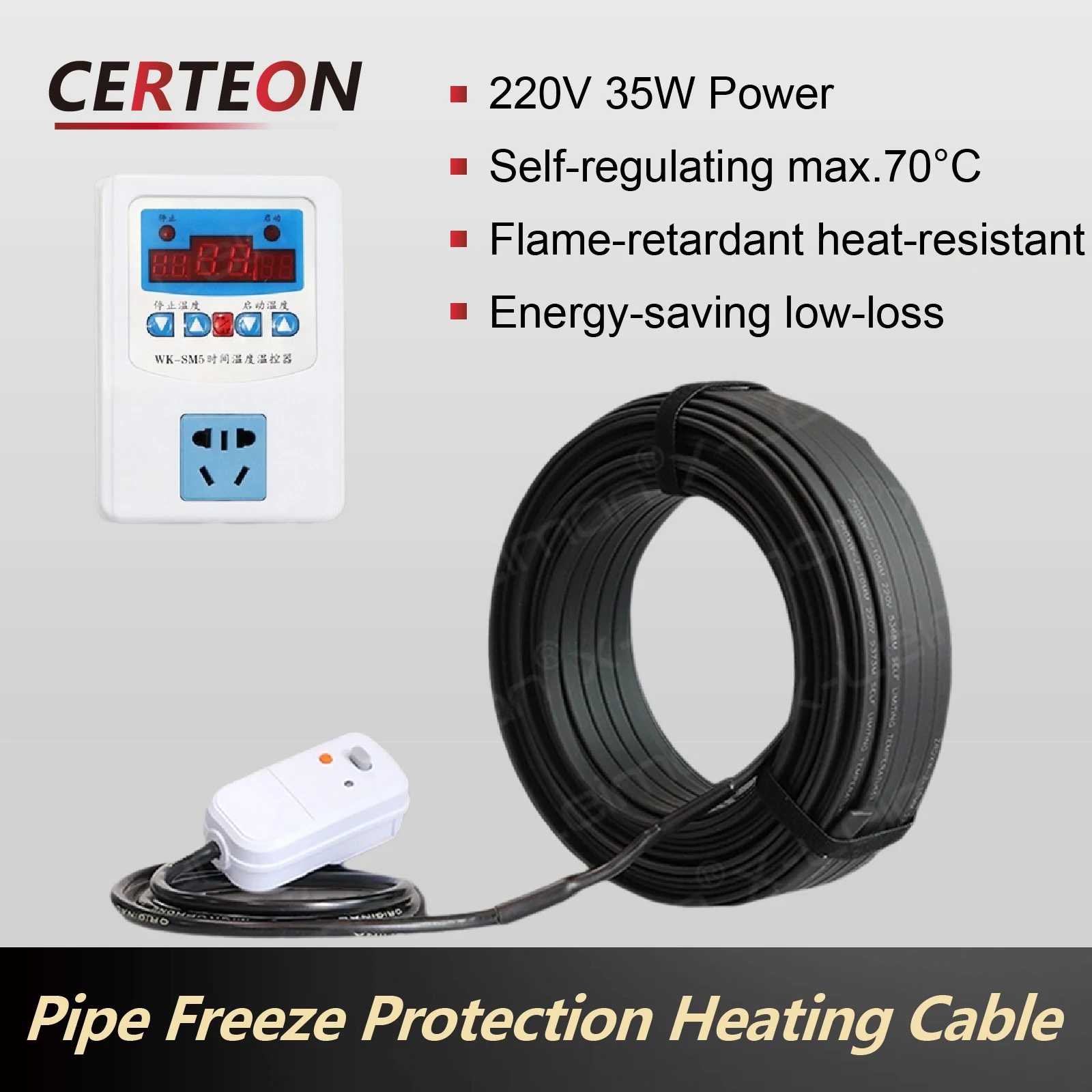 220V Self-limiting Heat Trace Tape Max 65°C with Thermostat 0-100m for Pipe Freeze Protection Solar Heating