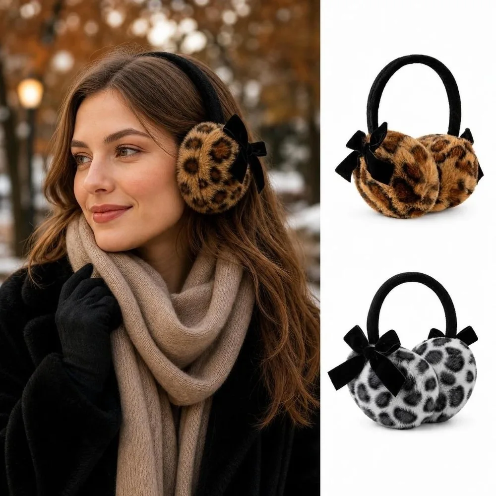 Leopard Faux Fur Earmuffs Soft Fluffy Bowknot Windproof Ear Muffs Warm Lining Leopard Print Earmuffs