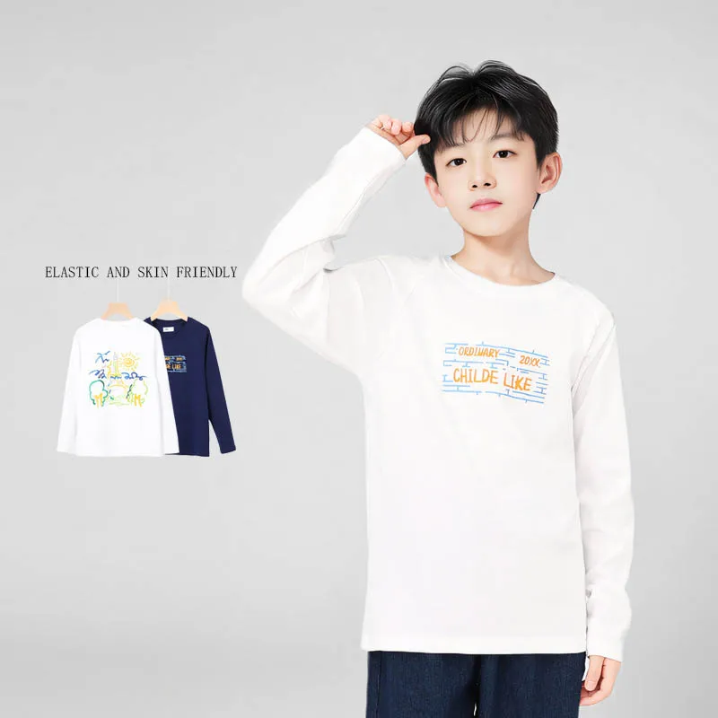 Spring Children Boys T-shirt Cotton  Graffiti Letter Print Long Sleeve Junior Boys Tops Round Collar Basic Shirts For 4-12Y Boys