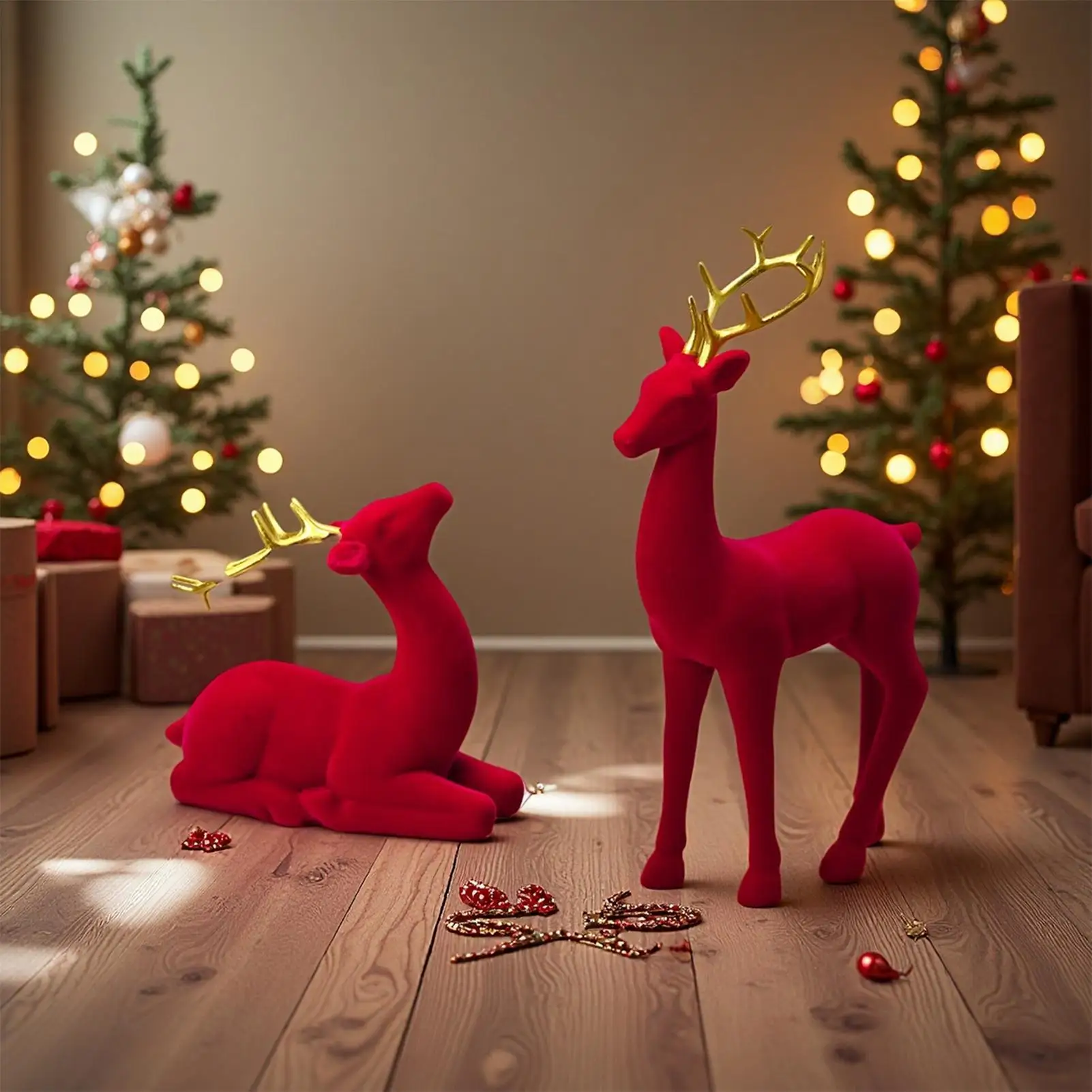Christmas Deer Flocking Christmas Animals 2 Pieces Red And Green Aesthetic Standing Sitting Elk Statue For Workplace Bedside