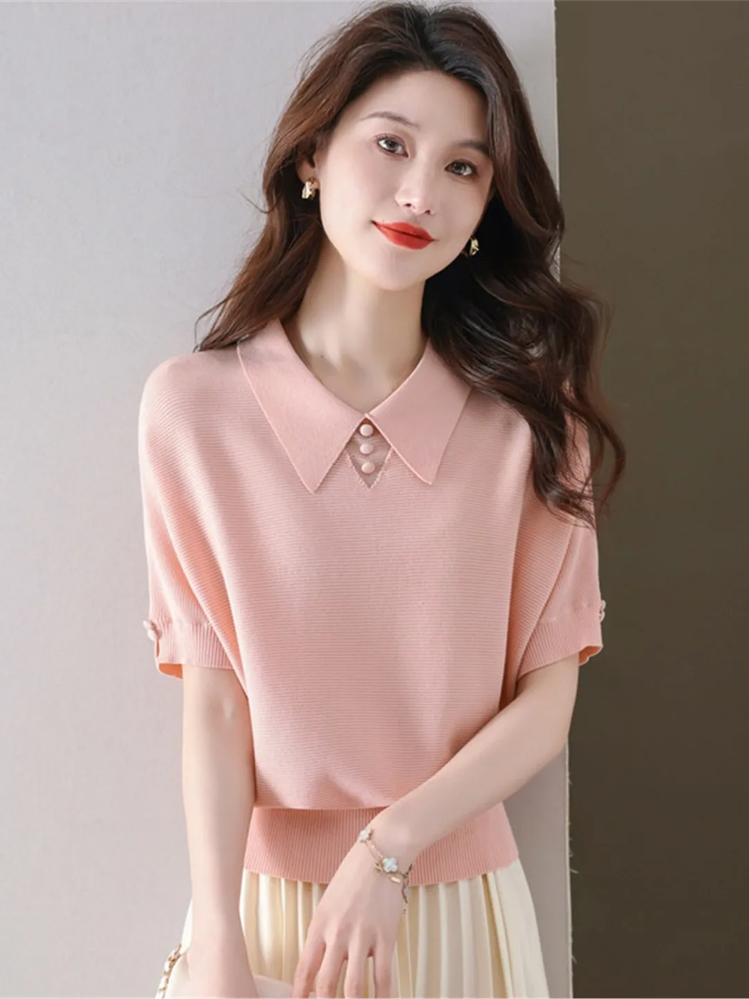 

Loose Batwing Doll Collar Neck Short Sleeve Knitted Top Women's Summer Casual Fashion French Style Thin Fabric Inner Wear