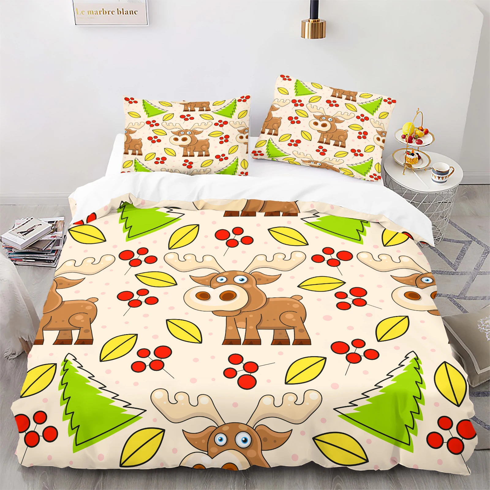 2/3Pcs Cute Cartoon Moose Duvet Cover Set, Beige with Red Berries & Green Trees, Playful Holiday Bedding, No Duvet Insert