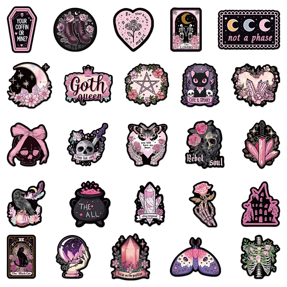 10/30/50 Stuks Zwart En Roze Gothic Schedel Graffiti Stickers Vintage Magische Heks Decals Voor Telefoon plakboek Laptop Cool Sticker Speelgoed
