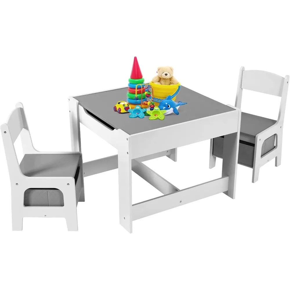 

Kids Table & 2 Chairs Set, 3 in 1 Wooden Toddler Activity Table w/Blackboard, Storage, Removable Tabletop