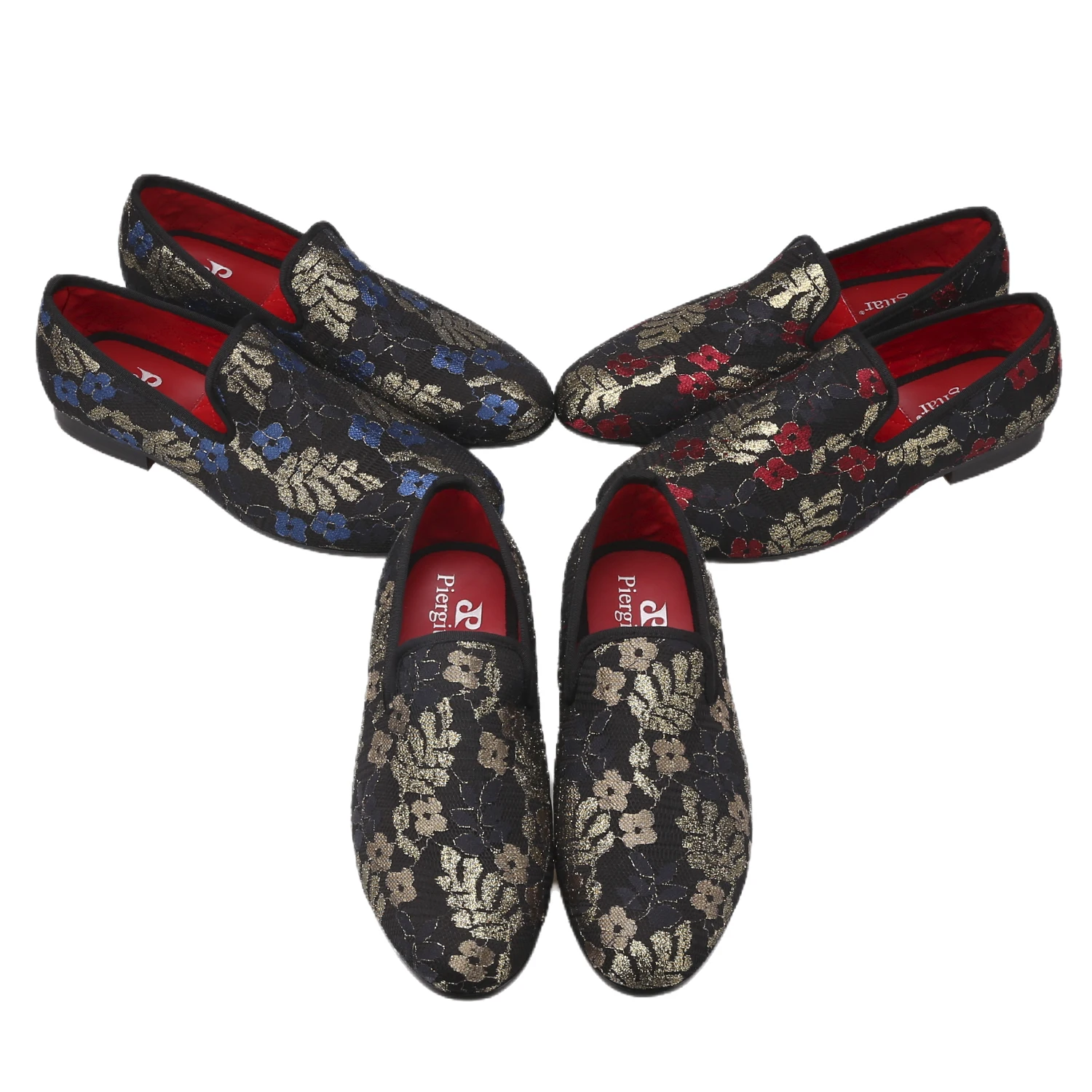 Piergitar New Three Colors Gold Thread Flower And Leaf Jacquard Mesh Slip-On Loafers British Style Handmade Men's Slippers