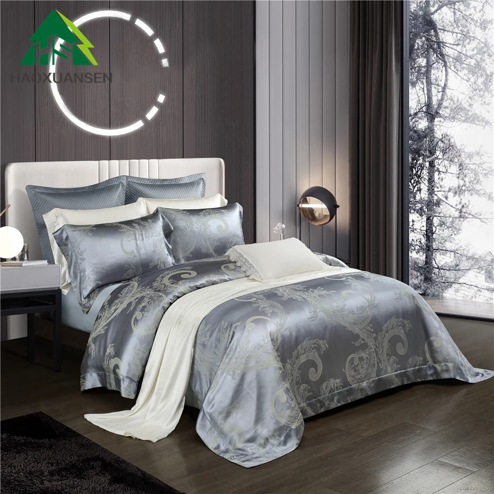 Soft Silky Mulberry Silk 4Pieces Bedding Set Yarn-Dyed Jacquard Duvet Cover Sheets Pillowcase Machine Washable Gorgeous Paisley