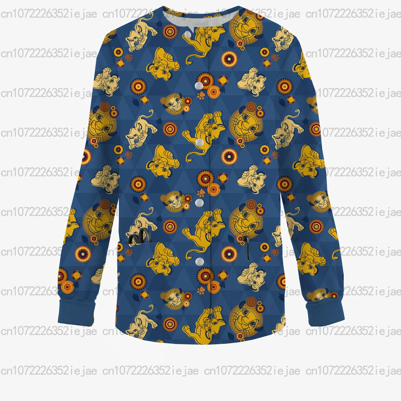 Cardigan girocollo stampato, Disney Simba, giacca opaca da donna del re leone, giacca uniforme da lavoro medico/dentale alla moda