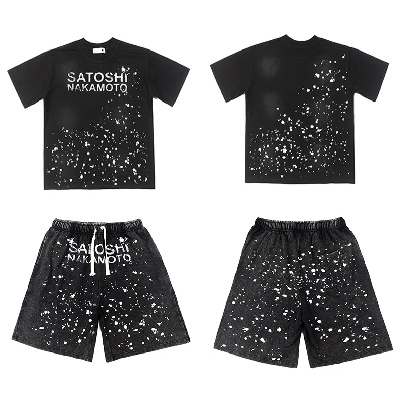 Splash-ink Classic Letter Print Satoshi Nakamoto T-shirt Short-sleeved Vintage Oversized Men's T Shirt Shorts Summer Trend Style