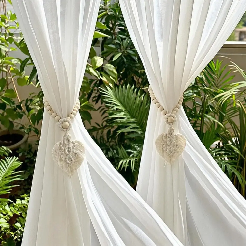 Braided Leaves Curtain Tieback Boho Wooden Bead Curtain Holder Rustic Farmhouse Drapery Holdback for Drapes, Window Curtains