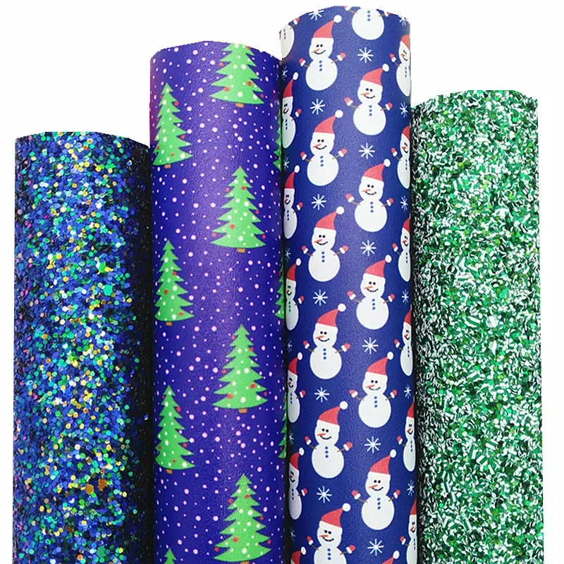 Blue Green Faux Leather Sheets Christmas Tree Snowmen Printed Synthetic Leather Felt Backing Leather For Bow DIY 21x29CM Q1559