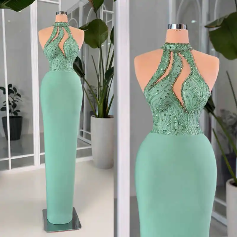Fresh Elegant Evening Gowns Cutout Halter Neck Green Crystal Solid Stretch Satin Mermaid Prom Dress Cocktail Party Banquet Event