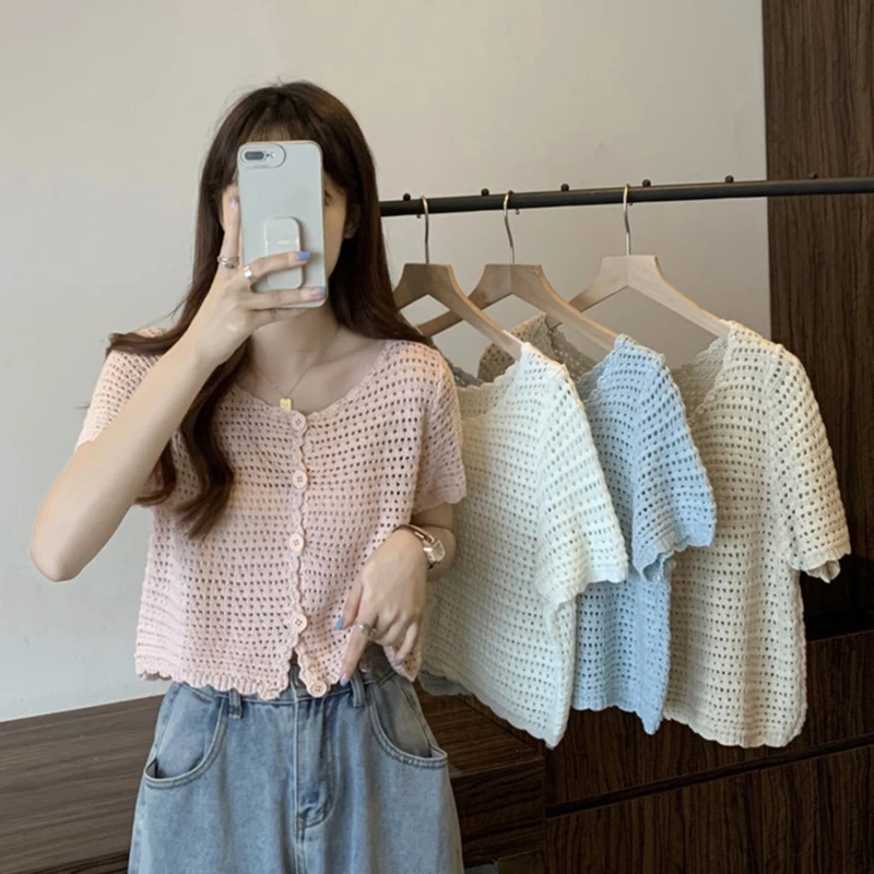 Women Buttons Up Short Cardigan Coat Knitted Hollow Out  tees Top shorts  Sleeved Thin Summer T-shirt Ruffles Casual Shirt