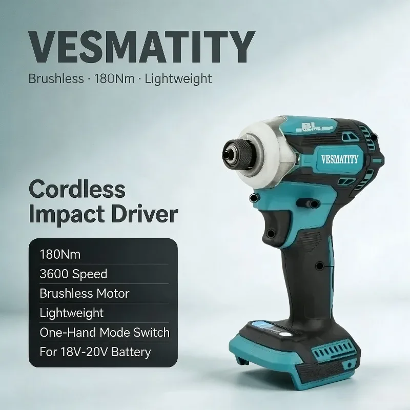 Brushless Cordless Impact Driver 180Nm 290W 3600 Speed One-Hand Mode Switch Lightweight for 18V-20V Battery for DIY Repair