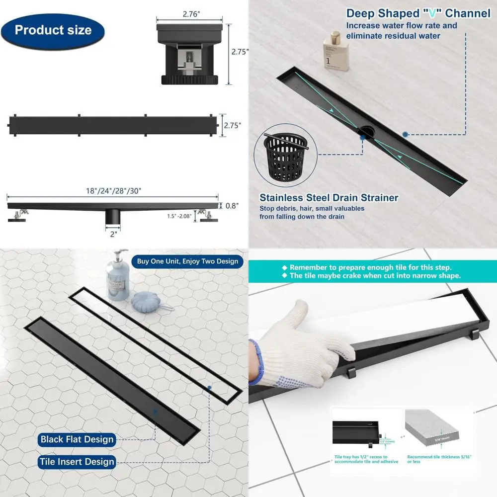 

28-Inch Sleek Black Shower Drain with Rectangular Floor Grate, Adjustable Feet, and Hair Catcher