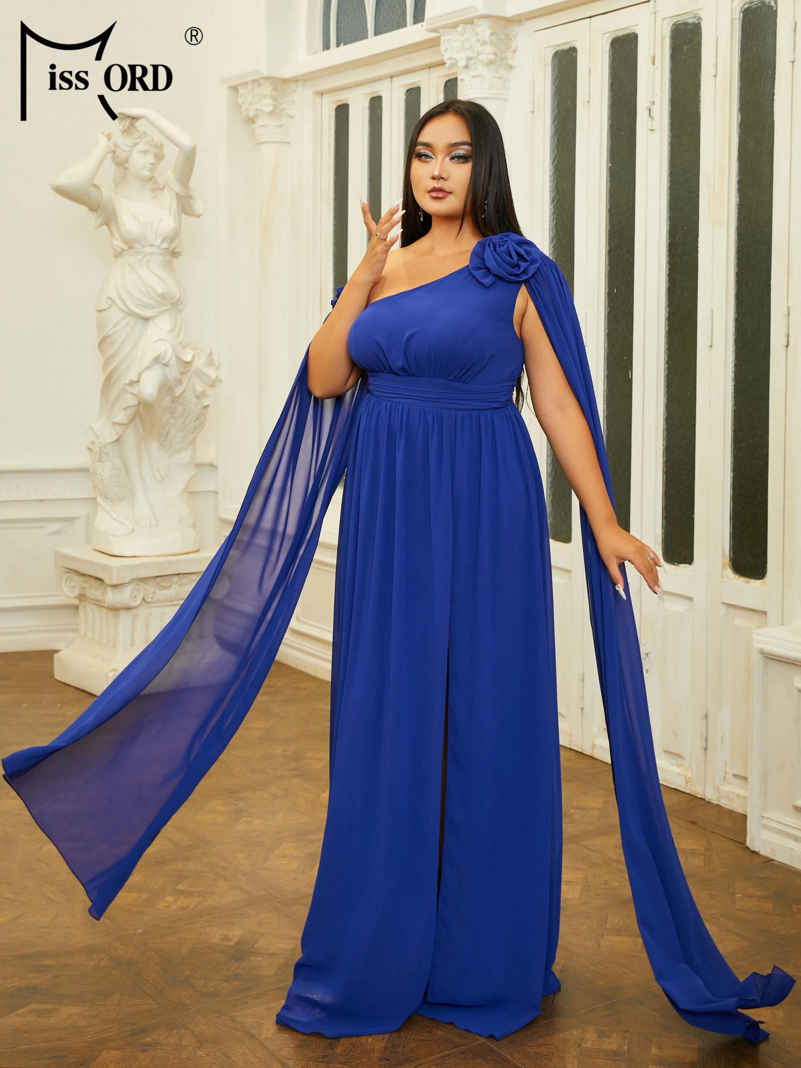 Missord Plus Size Blue Off shoulder Long Sleeved A-line Evening Gown Wedding Birthday Party Dress