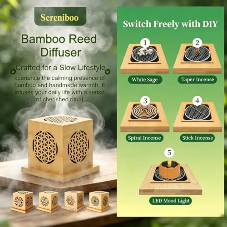 Bamboo Hollow-Out Incense Burner Holder, Type-C LED Ambient Night Light, Decorative Incense Holder Portable Camping Light, for