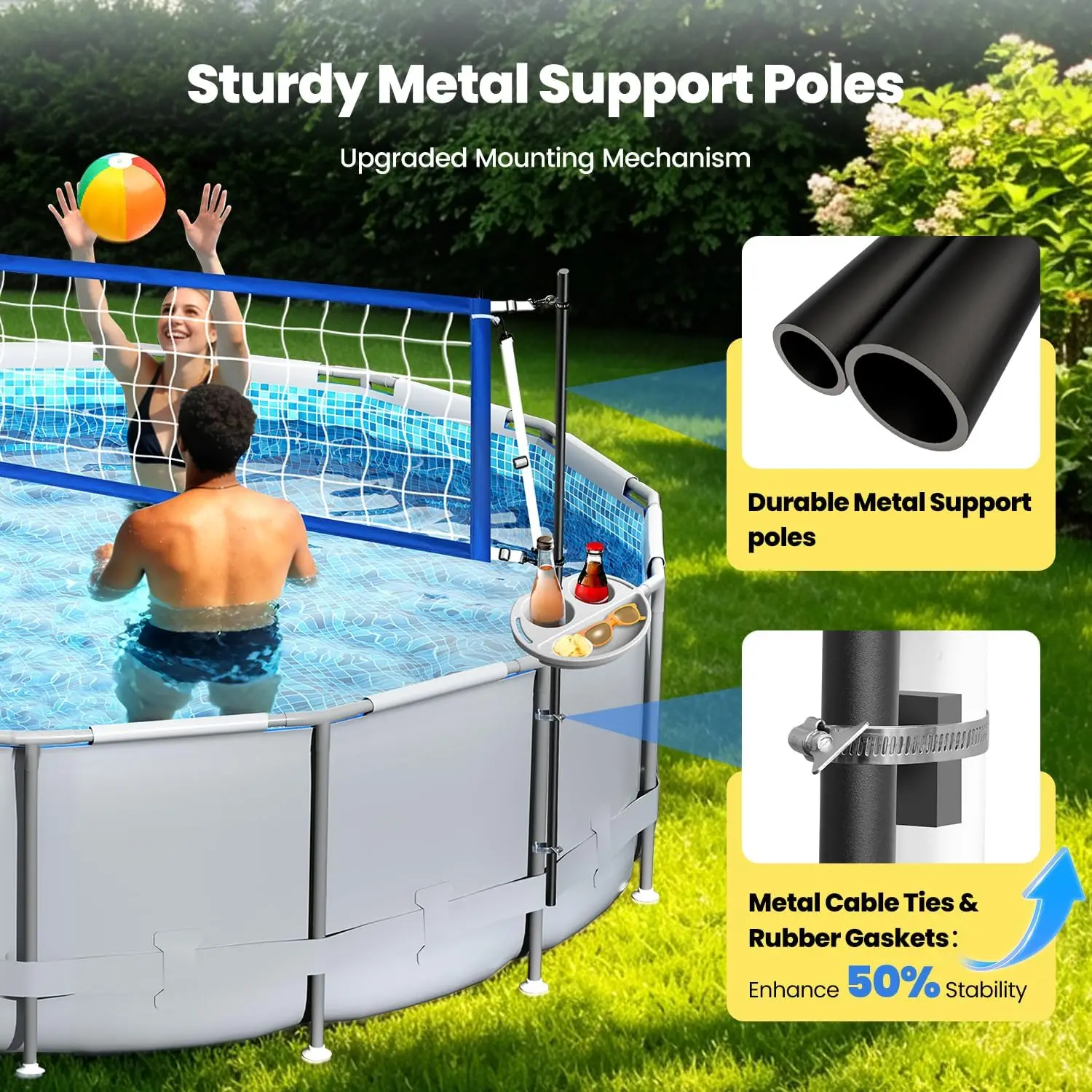 Volleyball Net Set for Above Ground Pools with Storage Tray – Adjustable 10-20 FT Width Anti-Sagging Pool Volleyball Net – Outdoor Poolside Game Accessories Includes Ball, Pump, Poles view 5