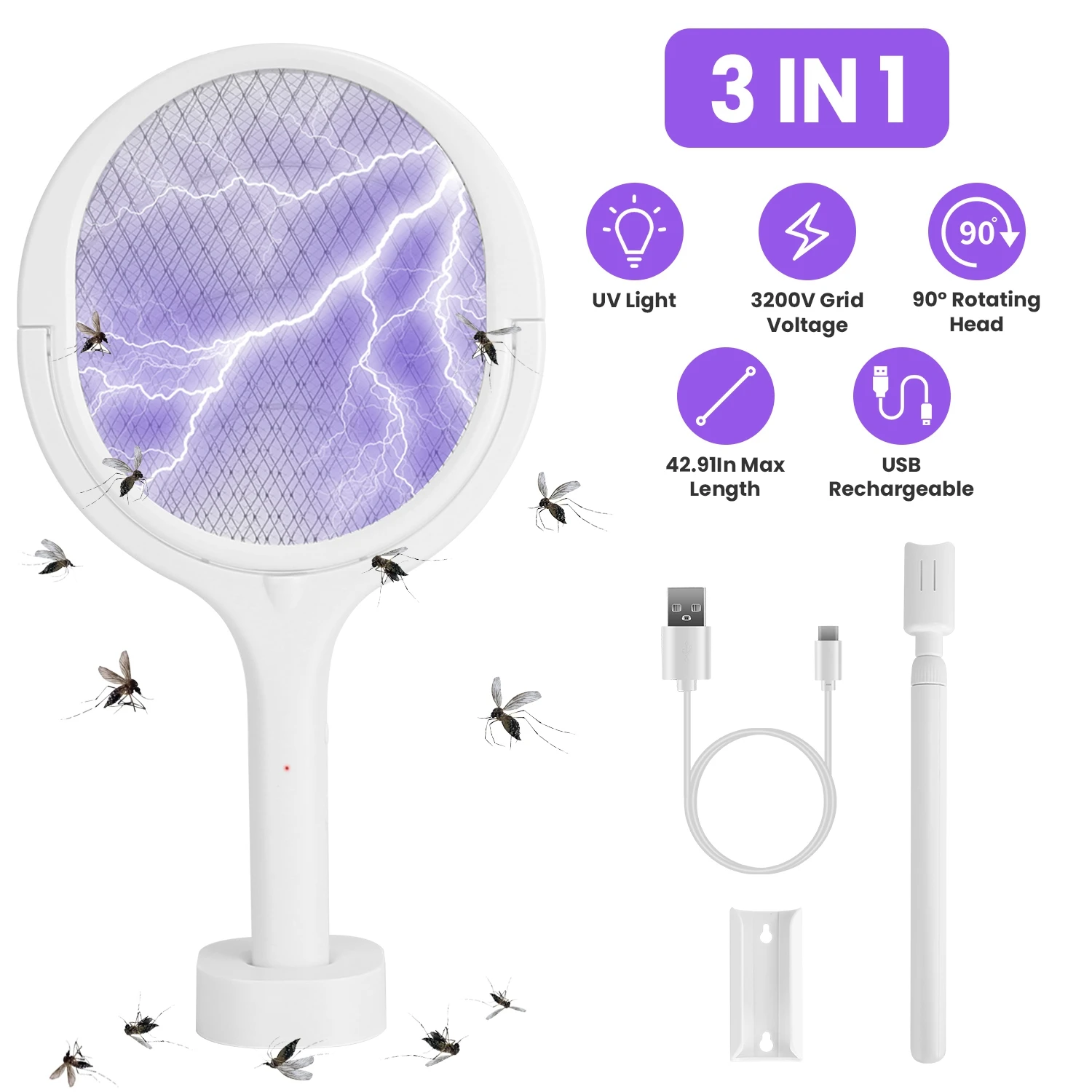 3 in 1 Electric mosquito swatter 90º rotating rod Indoor and outdoor handheld mosquito swatters