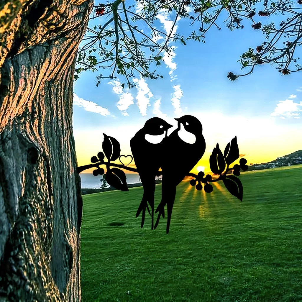 HelloYoung Two Cute Birds On Branch Steel Silhouette Metal Wall Art Home Garden Yard Patio Statue Stake Decoration Perfect