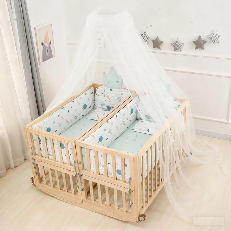 Twins Crib Splicing Big Bed, Newborn BB Cradle, Double Children Cot Convertible Twin Crib