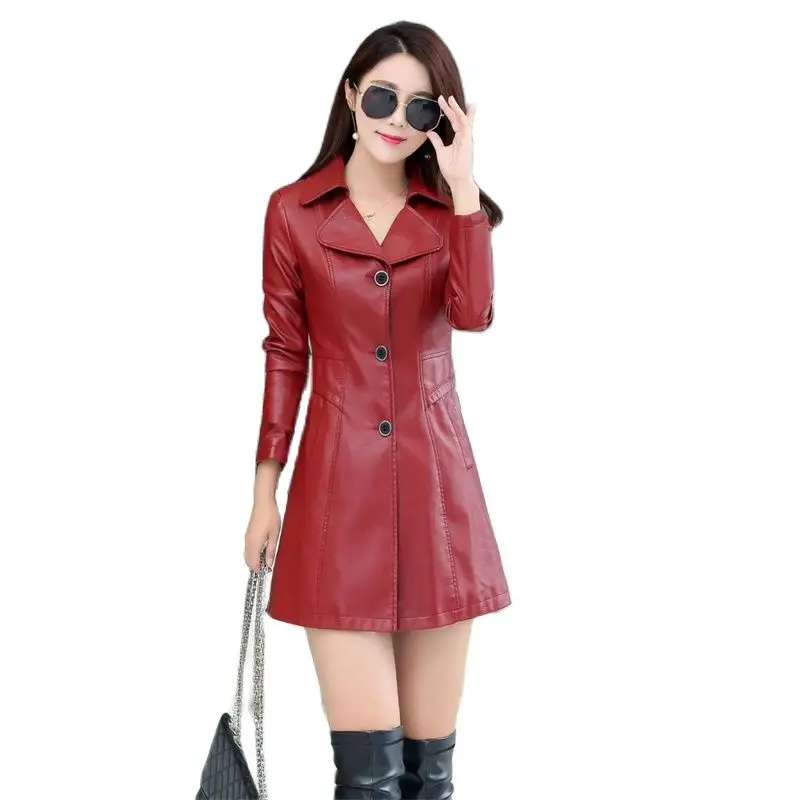 Women PU Leather Jacket Nice Autumn Leather Overcoat Female Mid-length Leather Windbreaker Femme Korean Slim Tops 5XL