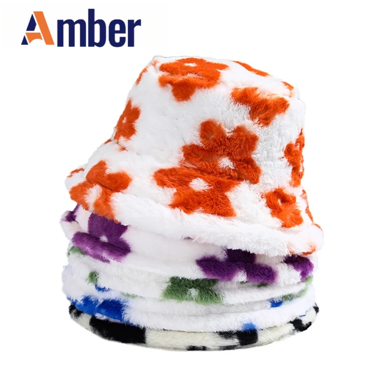 

Amber winter bucket hat faux fur Panama fisherman hats fluffy plush warm winter autumn outdoor cap flower print girl Women caps