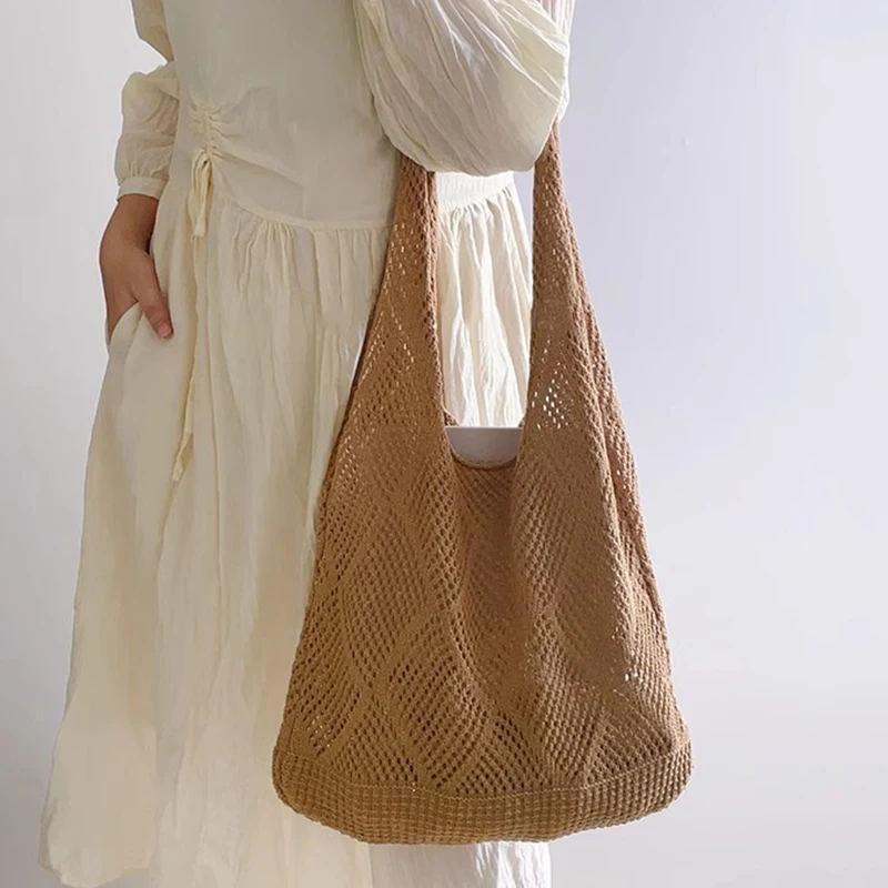 Neue Trend frauen Tasche Häkeln Handtasche Retro Gestrickte Einfarbig Hohl Top-griff Einkaufstasche Reise Shopper Schulter tasche – Detail 11