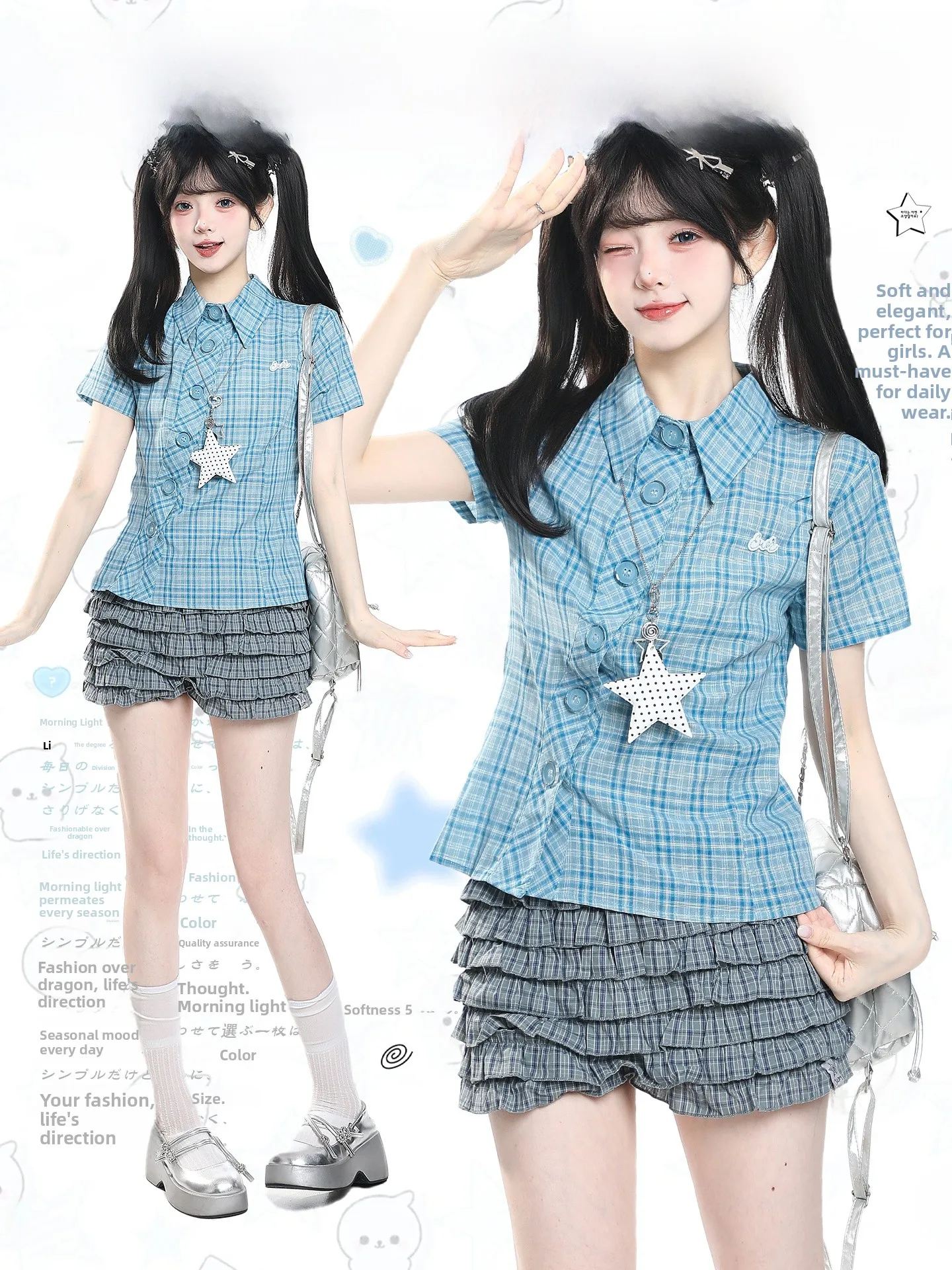 

Retro School Style Short Sleeve Shirt Women Summer Girl Collar Waist in Slimming Side Button Design Sense Blouse Commute Styl...