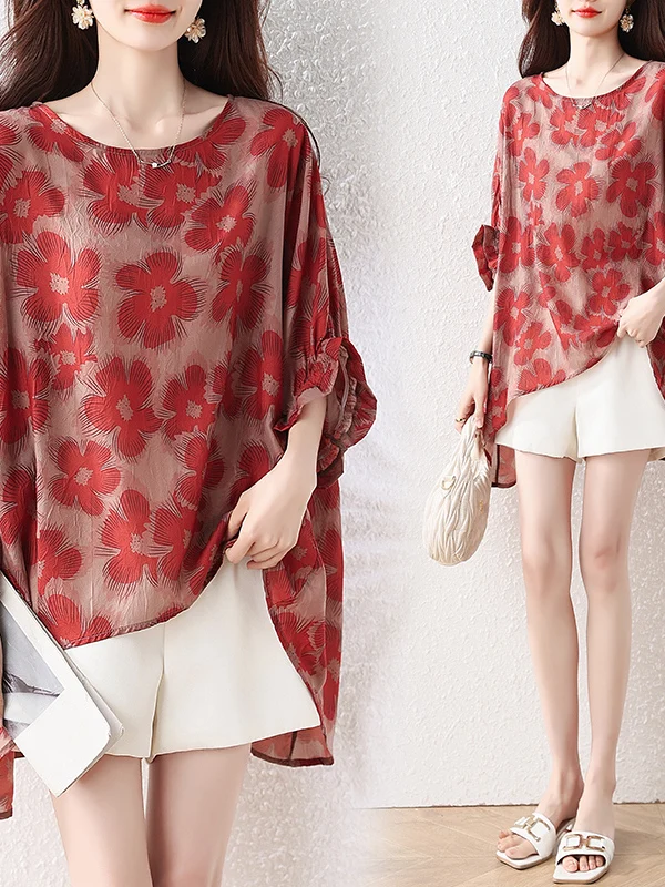 Fashionable Floral Print Women's T-shirt plus Size Slimming Mid-Length Polyester Fiber Summer New Arrival Tailend Stock