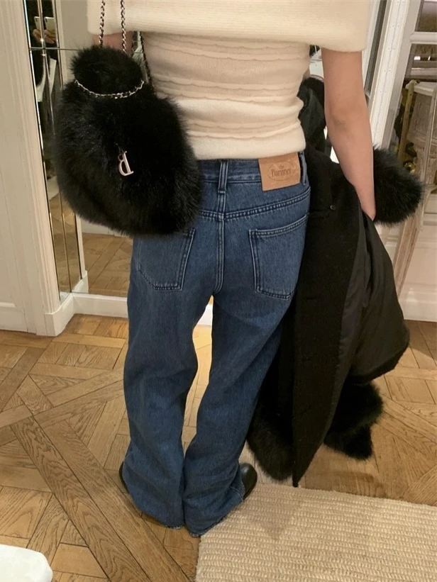 

High Waist Straight Leg Pure Color Slimming Korean Sle Miss Candy Denim Jeans Ele Personali High Quali Women's Faion