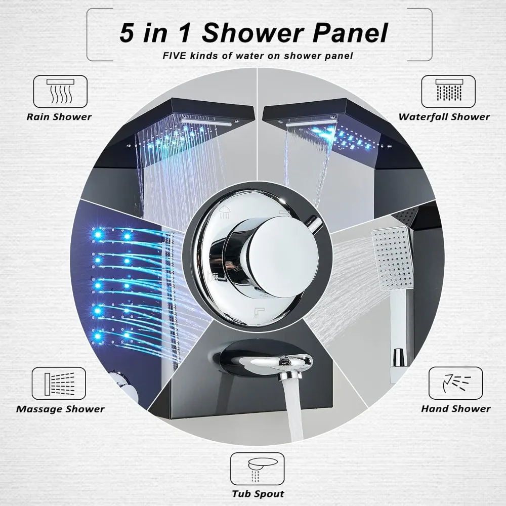 FCOTEEU Shower Panel Tower System with LED Rainfall Waterfall Head LED Full Body Jets System Handheld Shower Tub Spout