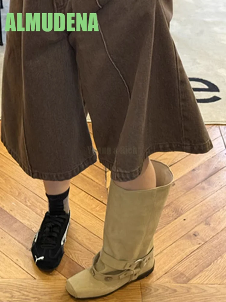 

Square Toed Boots Fashionable Belt Buckle Design Flat Bottomed Cowboy Boots Sleeve Suede Casual Retro Mid Heel Boots